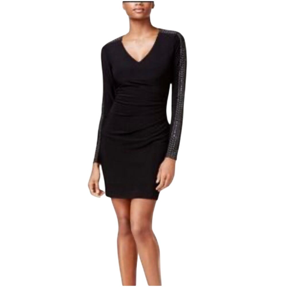 GUESS Studded Long Sleeve V-Neck Ruched Edgy Sheath Party Dress Black Size 2